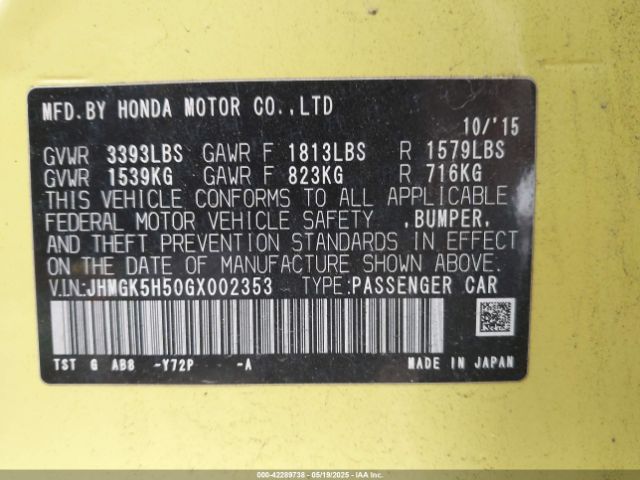 JHMGK5H50GX002353 Honda FIT LX
