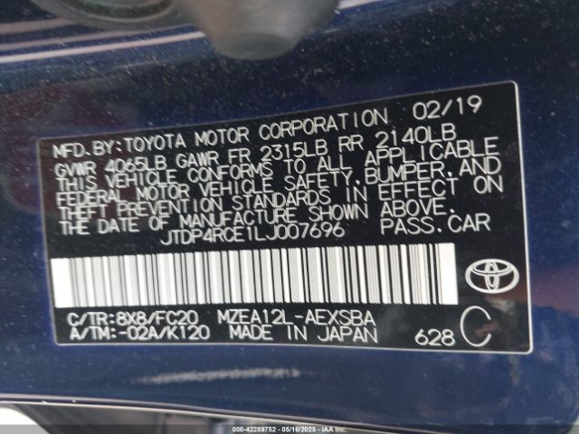 JTDP4RCE1LJ007696 Toyota COROLLA SE