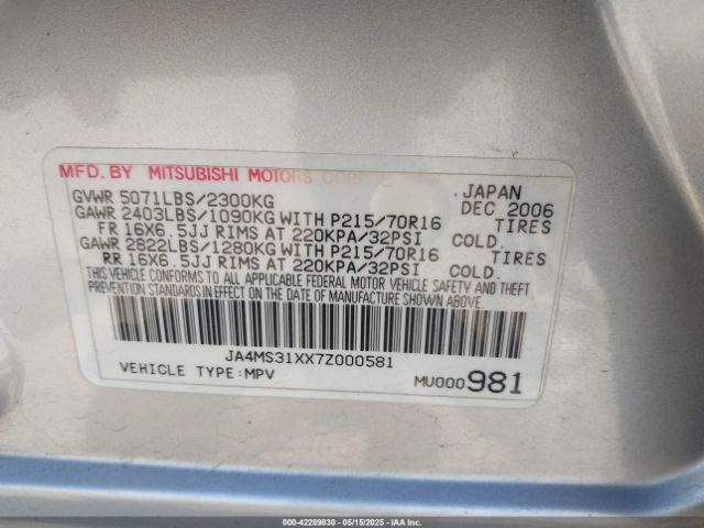 2007 MITSUBISHI OUTLANDER JA4MS31XX7Z000581 Photo 8