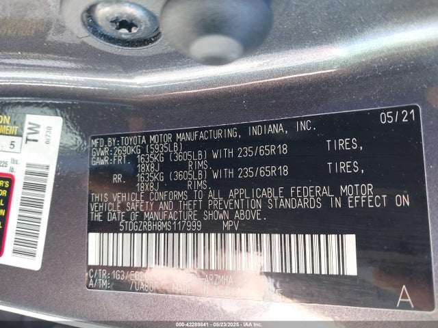 5TDGZRBH8MS117999 Toyota 2gr-fks