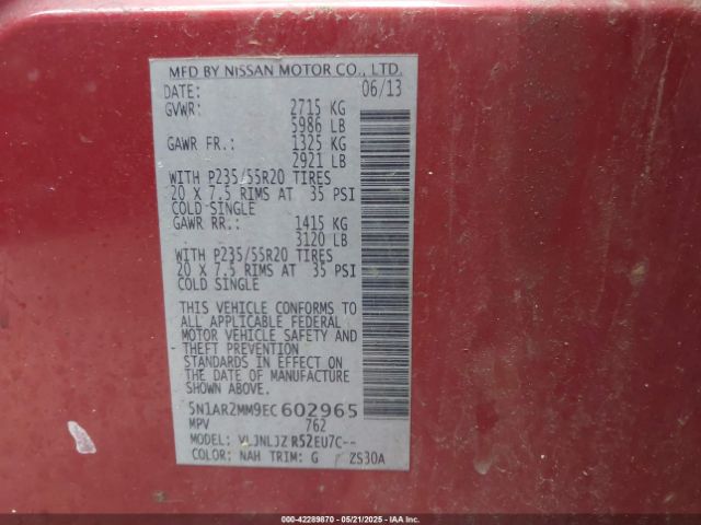 5N1AR2MM9EC602965 Nissan Pathfinder Platinum