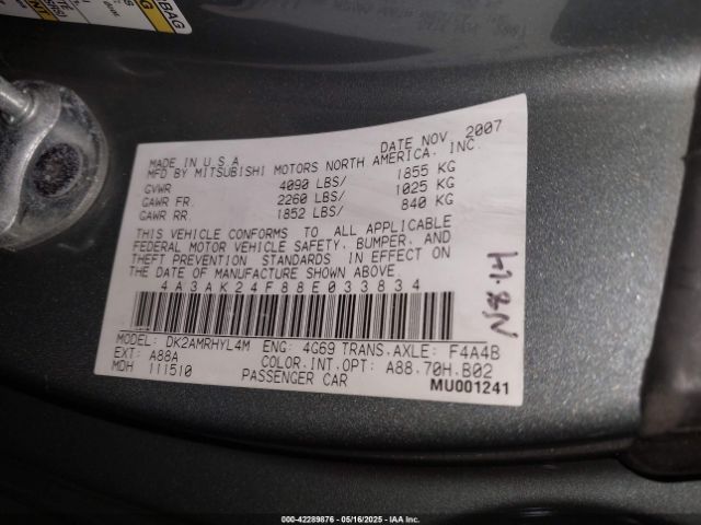 2008 MITSUBISHI ECLIPSE 4A3AK24F88E033834 Photo 8