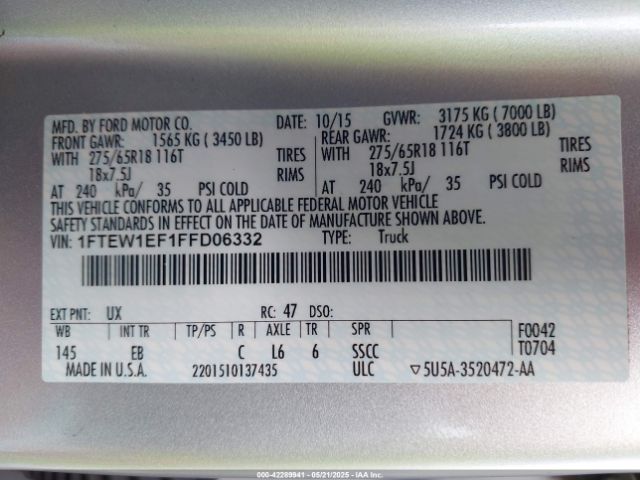 1FTEW1EF1FFD06332 Ford F-150 Lariat