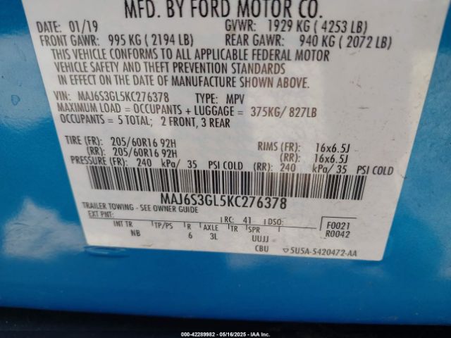 MAJ6S3GL5KC276378 Ford Ecosport Se