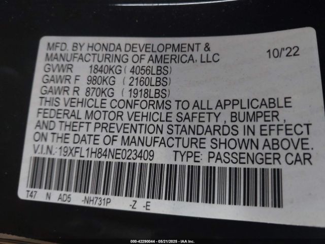 19XFL1H84NE023409 Honda Civic Sport Touring