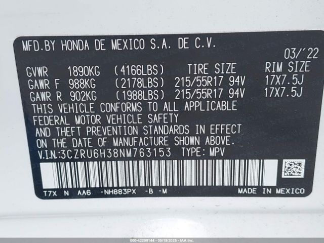 3CZRU6H38NM763153 Honda Hr-v Awd Lx