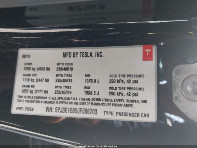 5YJ3E1EB9JF086703 Tesla Model 3 Long Range/performance