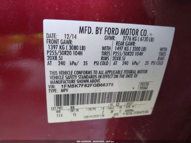 1FM5K7F82FGB66375 Ford Explorer Limited