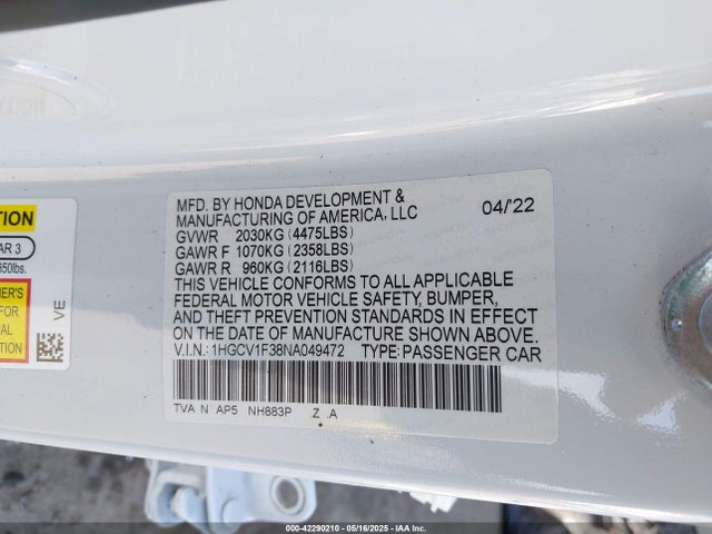 1HGCV1F38NA049472 Honda l15be