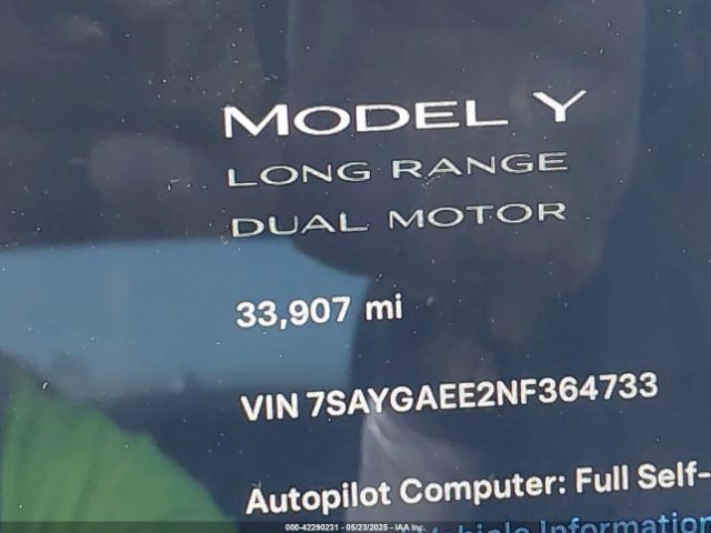 7SAYGAEE2NF364733 Tesla Model Y Long Range Dual Motor All-wheel Drive