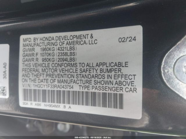 1HGCY1F33RA043754 Honda ACCORD EX