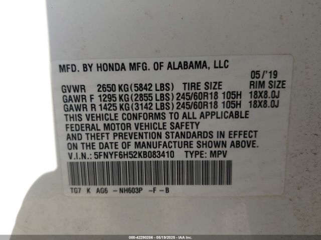 5FNYF6H52KB083410 Honda Pilot Ex-l