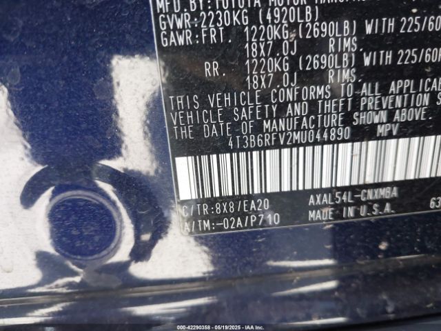 4T3B6RFV2MU044890 Toyota Rav4 Hybrid Xle Premium
