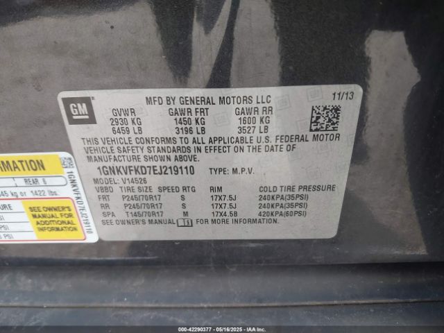 1GNKVFKD7EJ219110 Chevrolet Traverse Ls