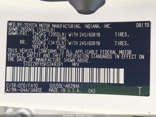 5TDZZRFH5KS348391 Toyota Highlander Le Plus