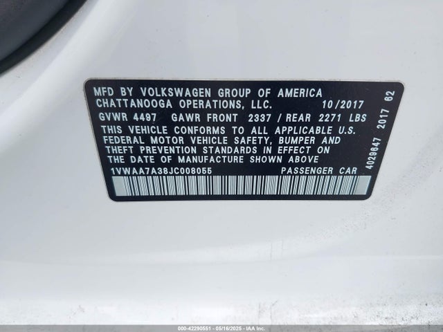 42290551 :رقم المزاد ، 1VWAA7A38JC008055 vin ، 2018 Volkswagen Passat 2.0t R-line/2.0t S مزاد بيع