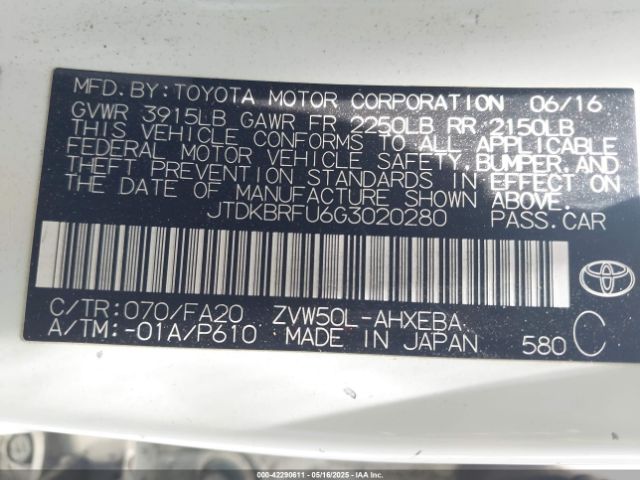 JTDKBRFU6G3020280 Toyota Prius Two