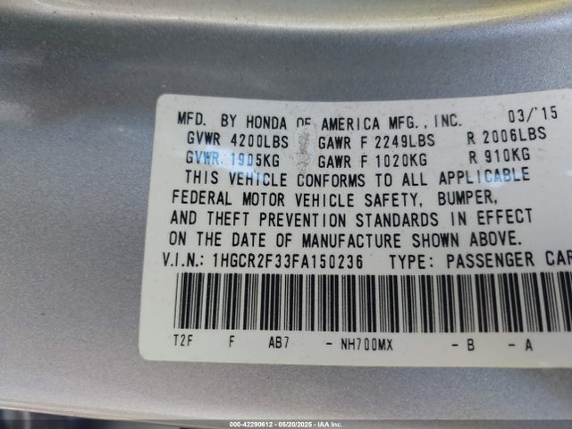 Honda ACCORD LX 2015 1HGCR2F33FA150236 Image 9