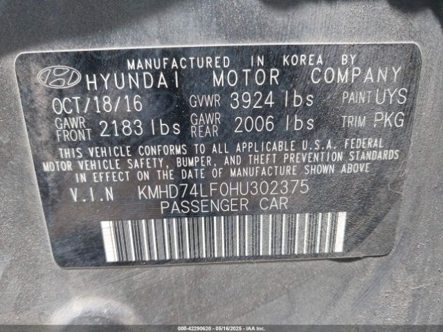 KMHD74LF0HU302375 Hyundai ELANTRA SE
