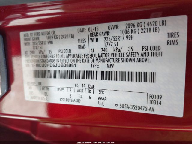 1FMCU0HD6JUB38981 Ford ESCAPE SEL