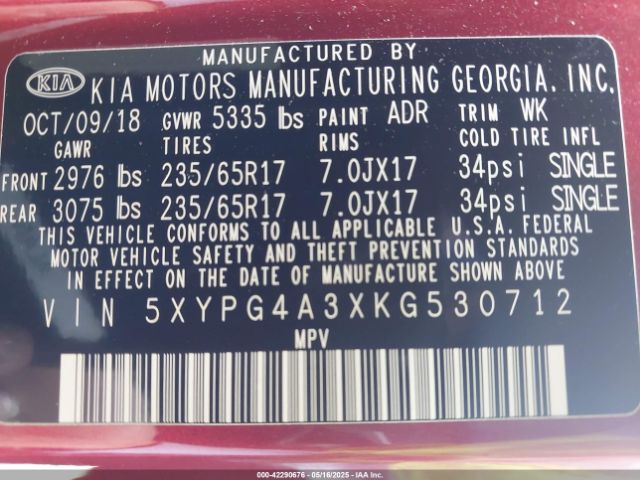 5XYPG4A3XKG530712 KIA Sorento 2.4l Lx