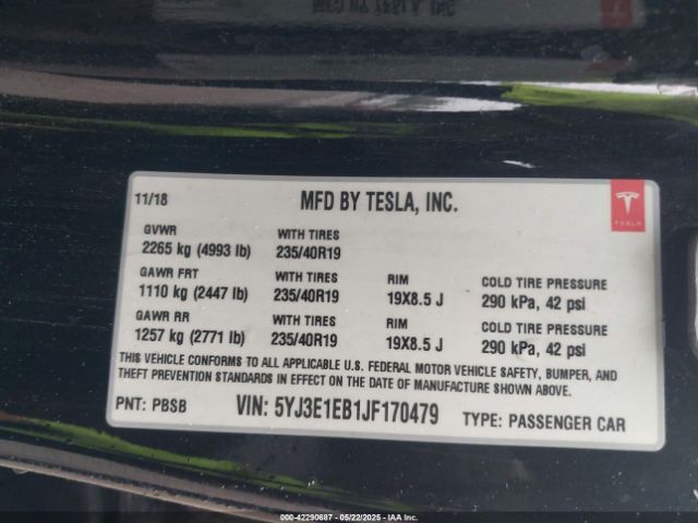 5YJ3E1EB1JF170479 Tesla Model 3 Long Range/performance