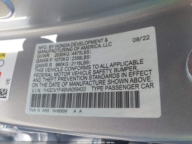 1HGCV1F49NA069433 Honda l15be