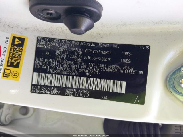 5TDJKRFH8GS229615 Toyota Highlander Xle V6