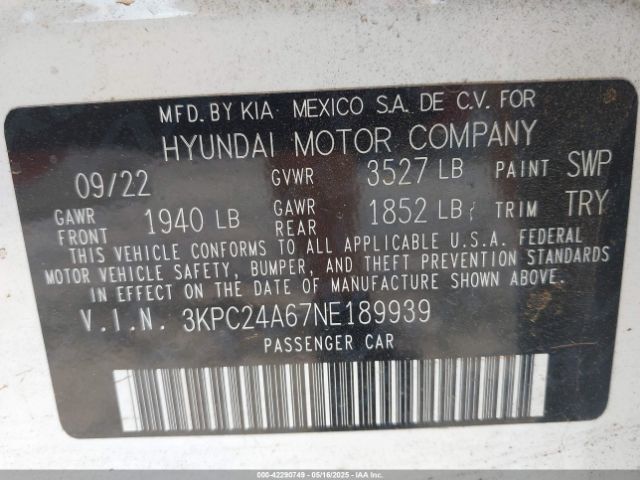3KPC24A67NE189939 Hyundai Accent Sel