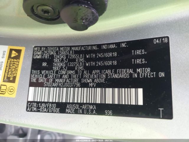 5TDZARFH2JS037796 Toyota Highlander Le