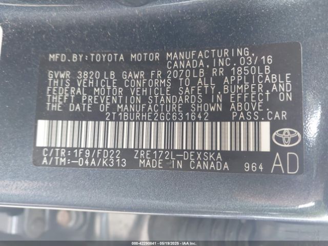 2T1BURHE2GC631642 Toyota Corolla S Plus