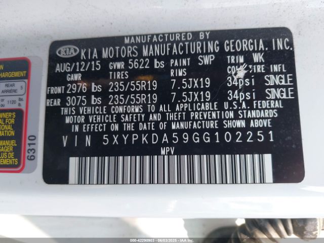 5XYPKDA59GG102251 KIA Sorento 3.3l Sx