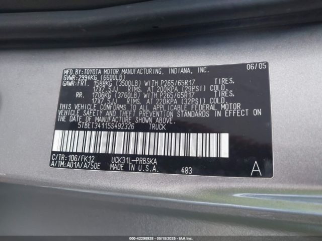 2005 TOYOTA TUNDRA 5TBET34115S492326 Photo 8