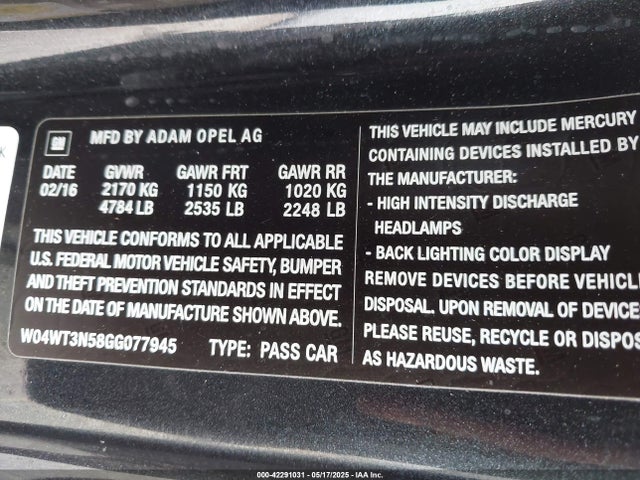 W04WT3N58GG077945 Buick lwc - sidi (spark ignited direct injection), vvt (variable valve timing), ho, fam 1, gen 4, gme
