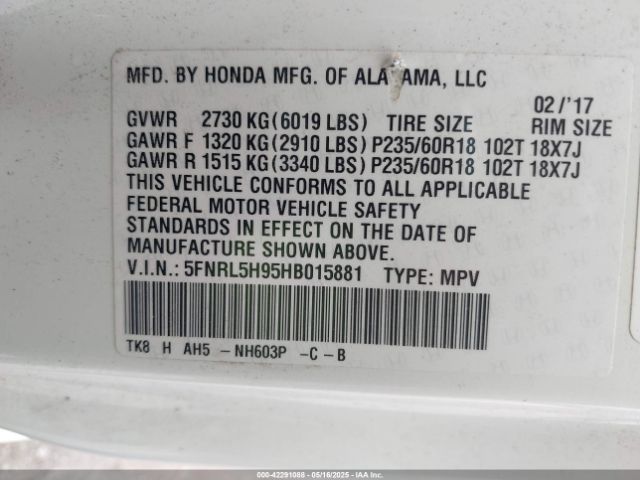 5FNRL5H95HB015881 Honda j35z8