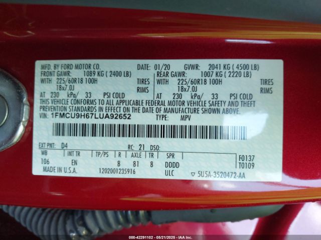 2020 FORD ESCAPE 1FMCU9H67LUA92652 Photo 8