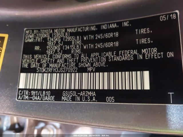 5TDKZRFH3JS270922 Toyota Highlander Xle