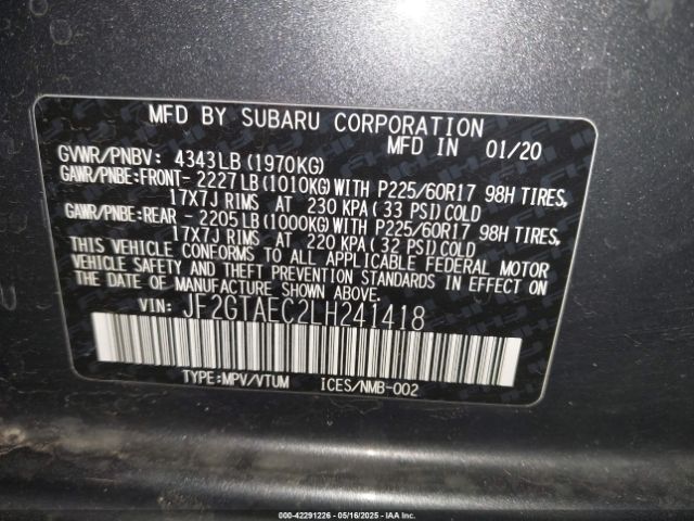JF2GTAEC2LH241418 Subaru Crosstrek Premium