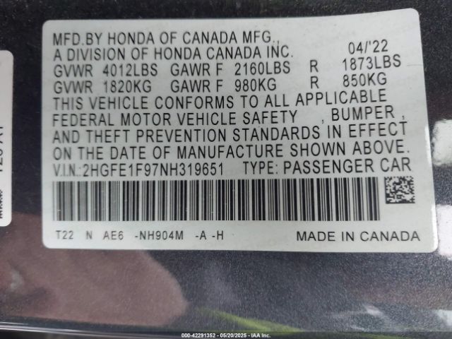 2HGFE1F97NH319651 Honda l15b7
