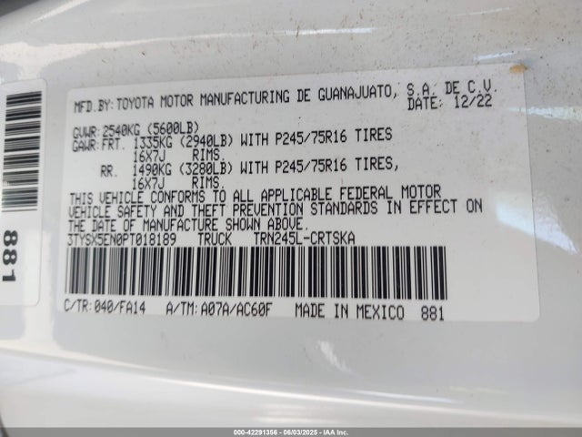 3TYSX5EN0PT018189 Toyota 2tr-fe
