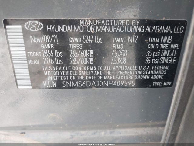 2022 HYUNDAI SANTA FE 5NMS6DAJ0NH409595 Photo 8