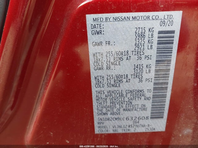 Nissan Pathfinder Sl 4wd 2020 5N1DR2CM9LC632608 Image 9