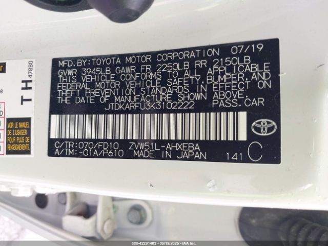 JTDKARFU3K3102222 Toyota Prius Le