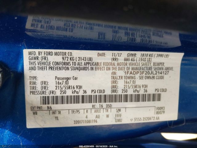 1FADP3F20JL214127 Ford FOCUS SE