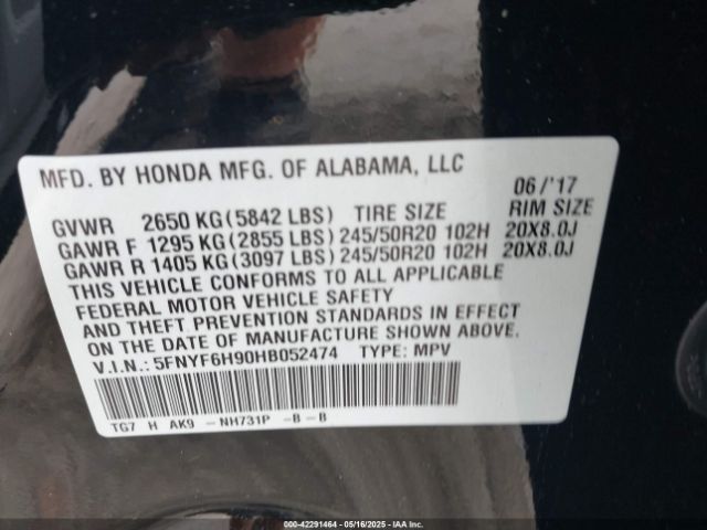5FNYF6H90HB052474 Honda Pilot Touring
