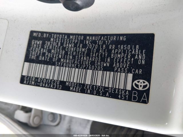 5YFBURHE1JP760205 Toyota COROLLA SE