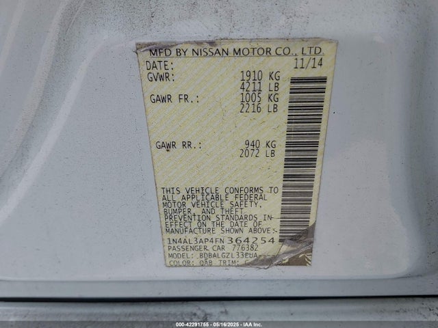 1N4AL3AP4FN364254 Nissan Altima 2.5/2.5 S/2.5 Sl/2.5 Sv