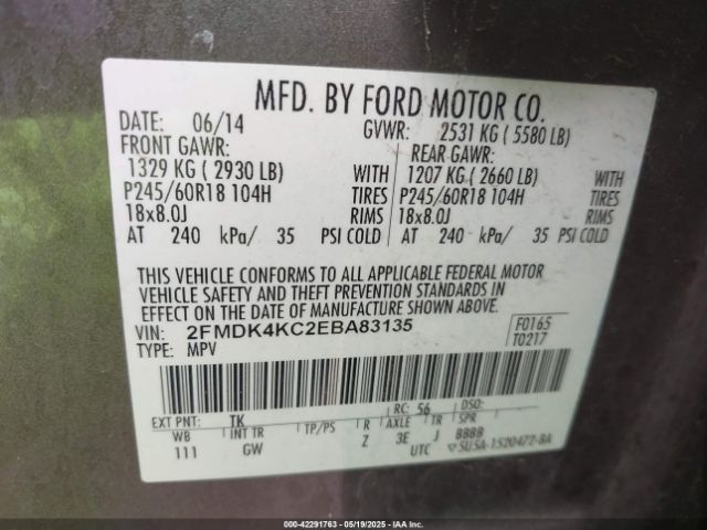 2FMDK4KC2EBA83135 Ford Edge Limited