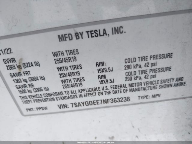7SAYGDEE7NF363238 Tesla 2022