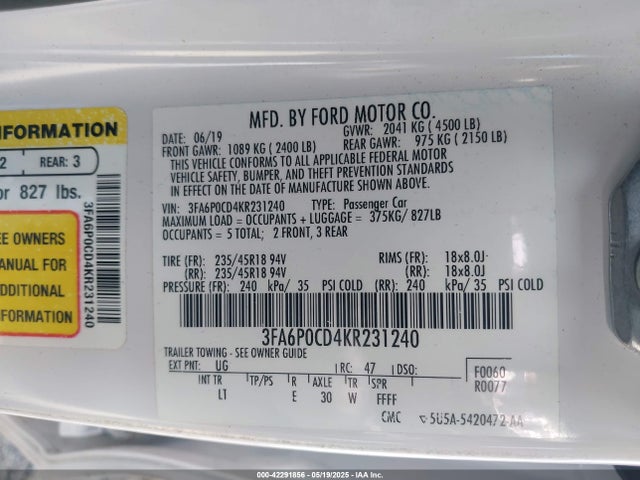 Ford FUSION SEL 2019 3FA6P0CD4KR231240 Image 9